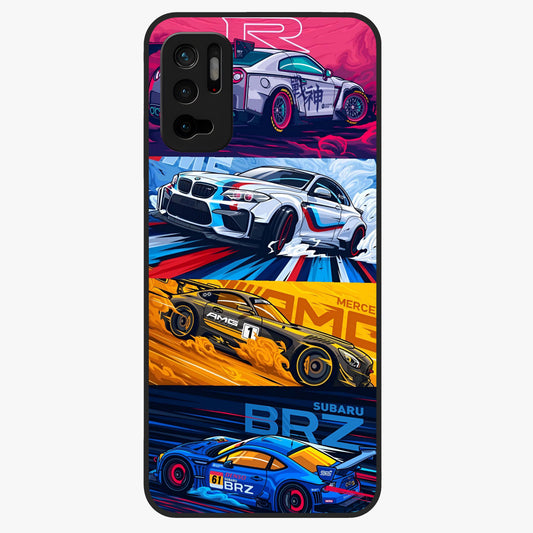 JDM Sports Car Glass Case showing flat back view with high performance sports car artwork and glossy glass finish.