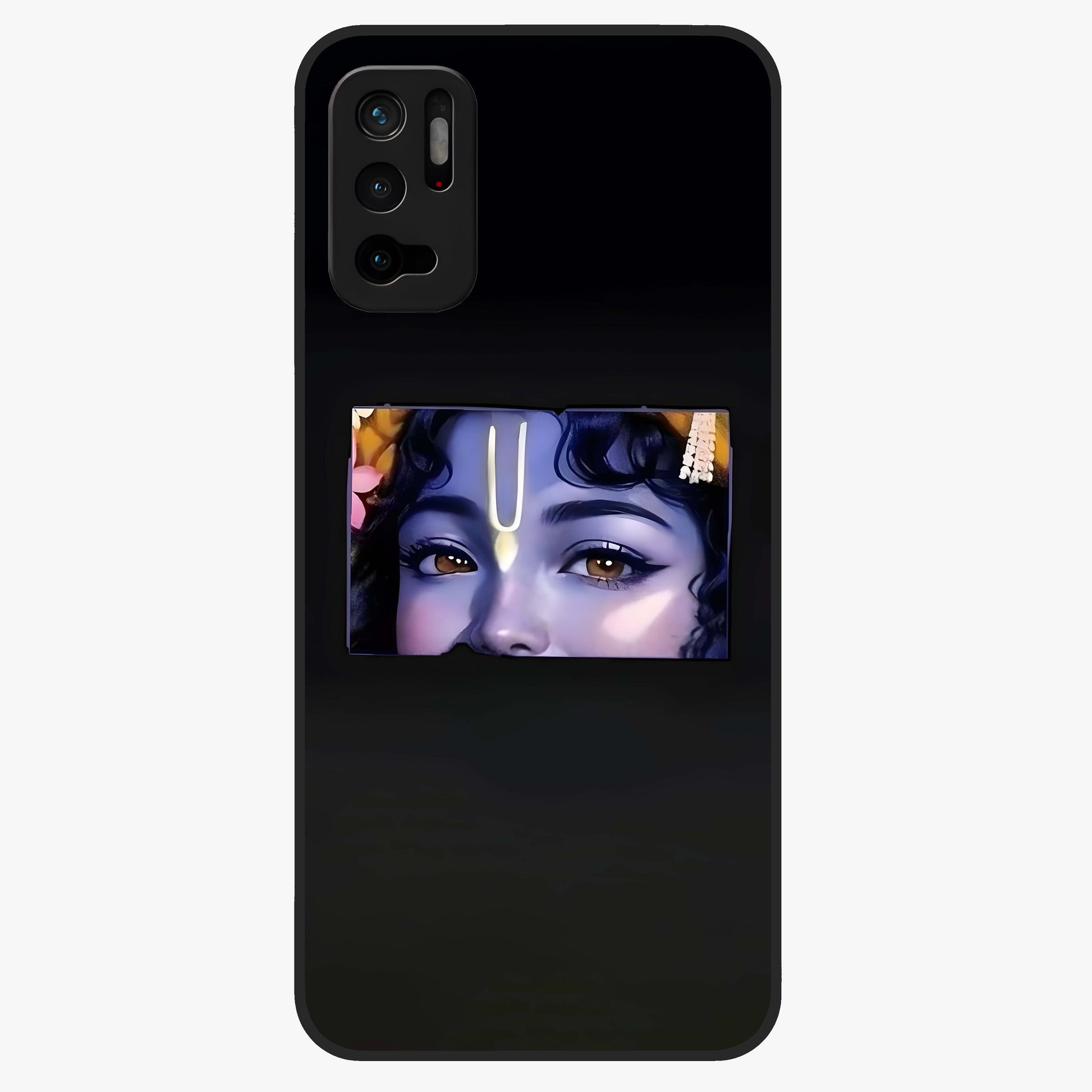 Krishna Divine Embrace Glass Case showing flat back view with Lord Krishna devotional artwork and glossy glass finish.