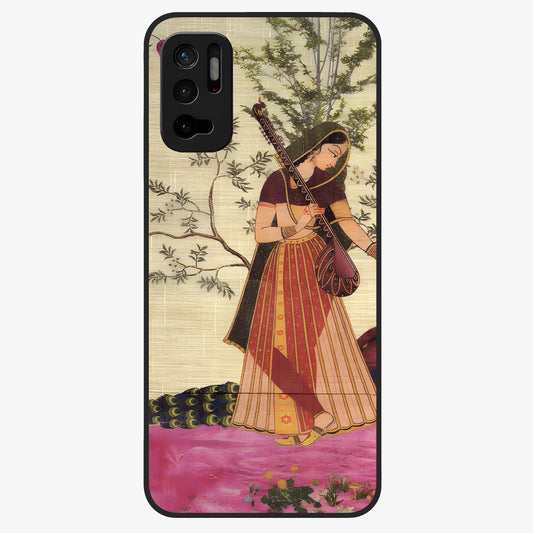 Lady With Veena Art Glass Case showing flat back view with elegant woman playing veena artwork and glossy glass finish.
