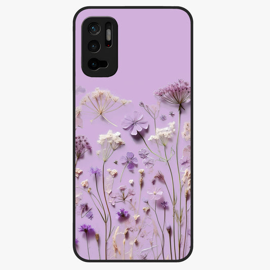 Lavender Blossom Dream Glass Case showing flat back view with soft lavender floral artwork and glossy glass finish.