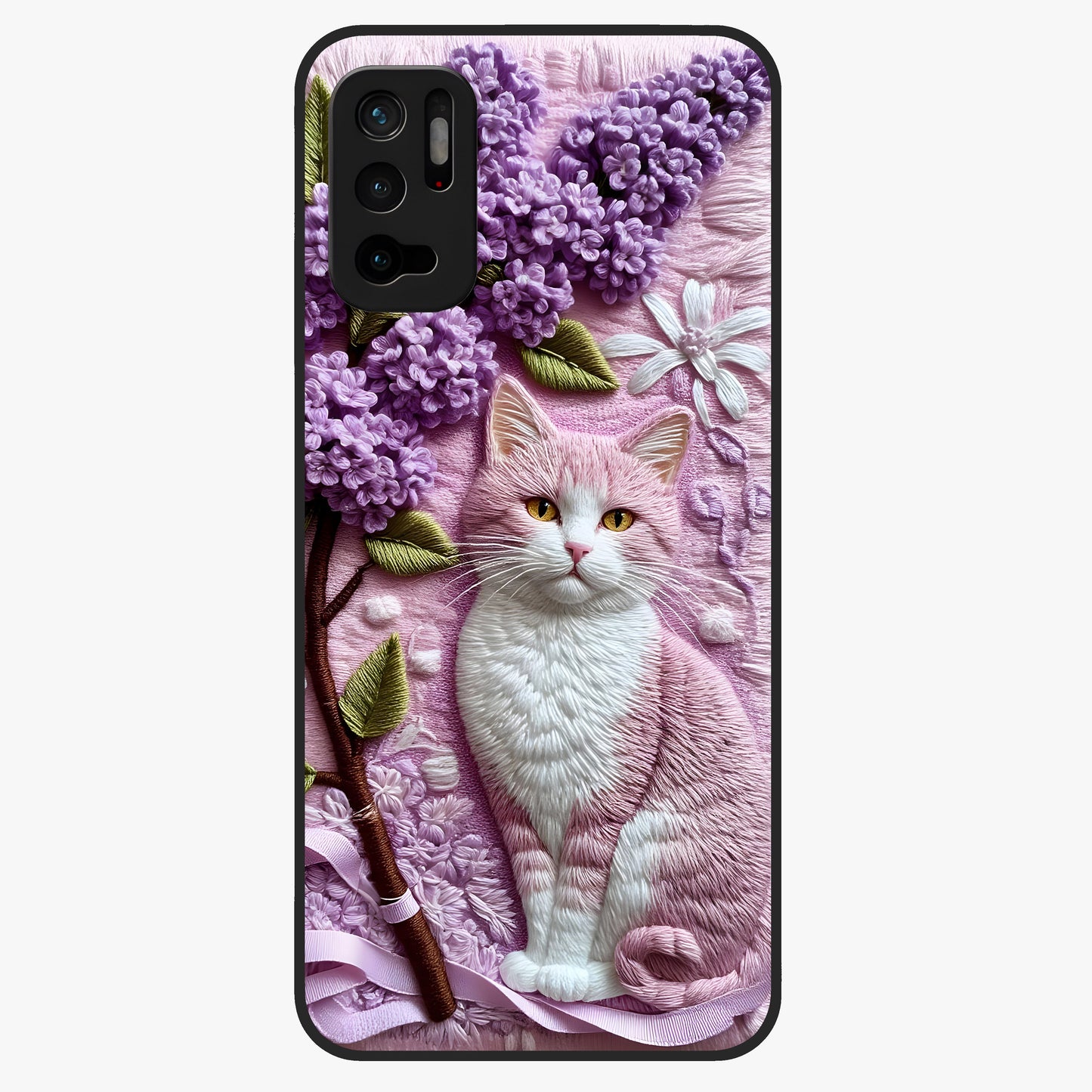 Lavender Cat Whimsy Glass Case showing flat back view with cute lavender cat artwork and glossy glass finish.