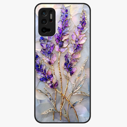 Lavender Dream Glow Glass Case showing flat back view with glowing lavender aesthetic artwork and glossy glass finish.