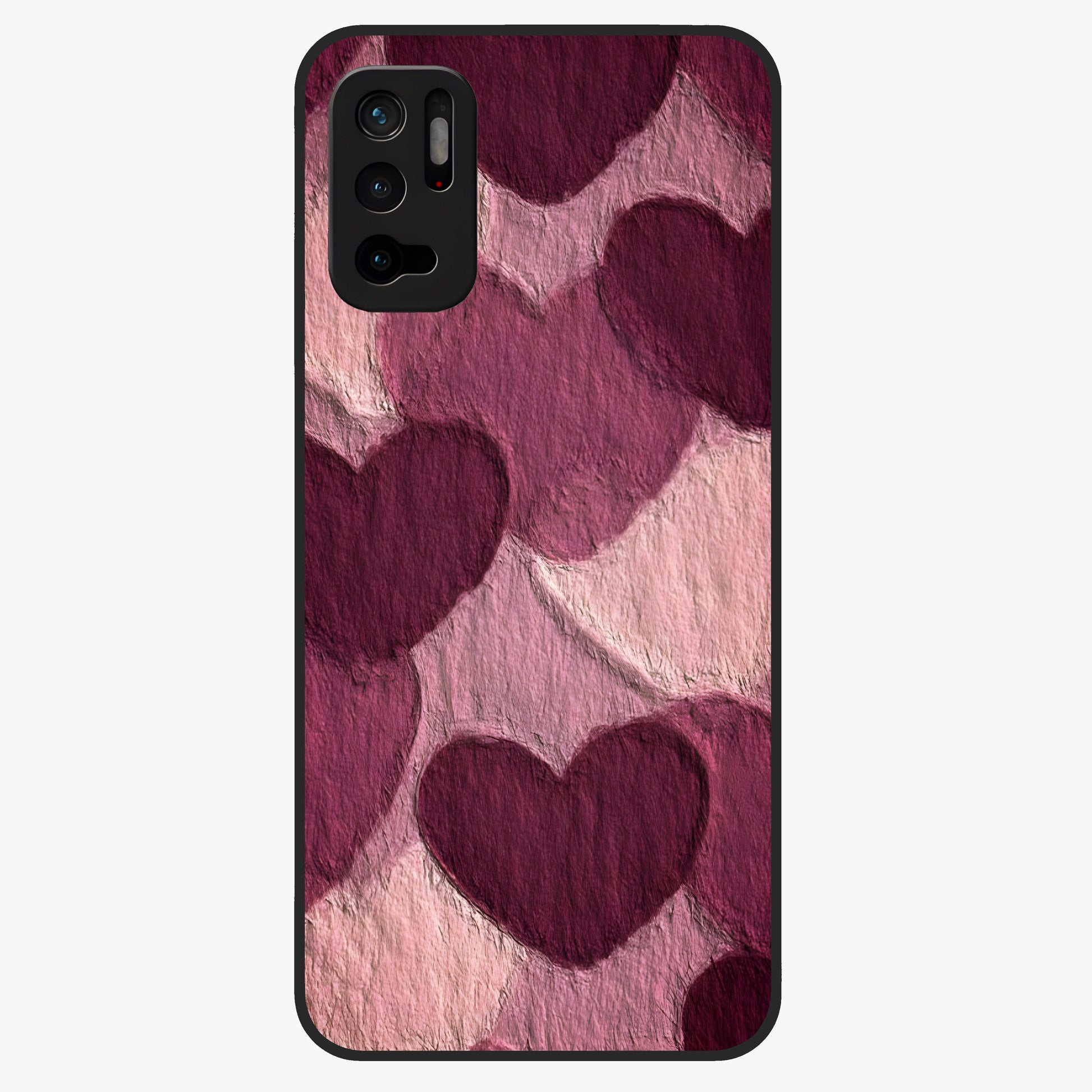 Layered Paper Hearts Glass Case showing flat back view with layered paper heart artwork and glossy glass finish.