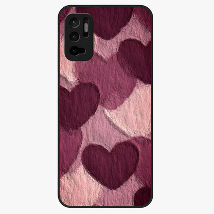Layered Paper Hearts Glass Case showing flat back view with layered paper heart artwork and glossy glass finish.