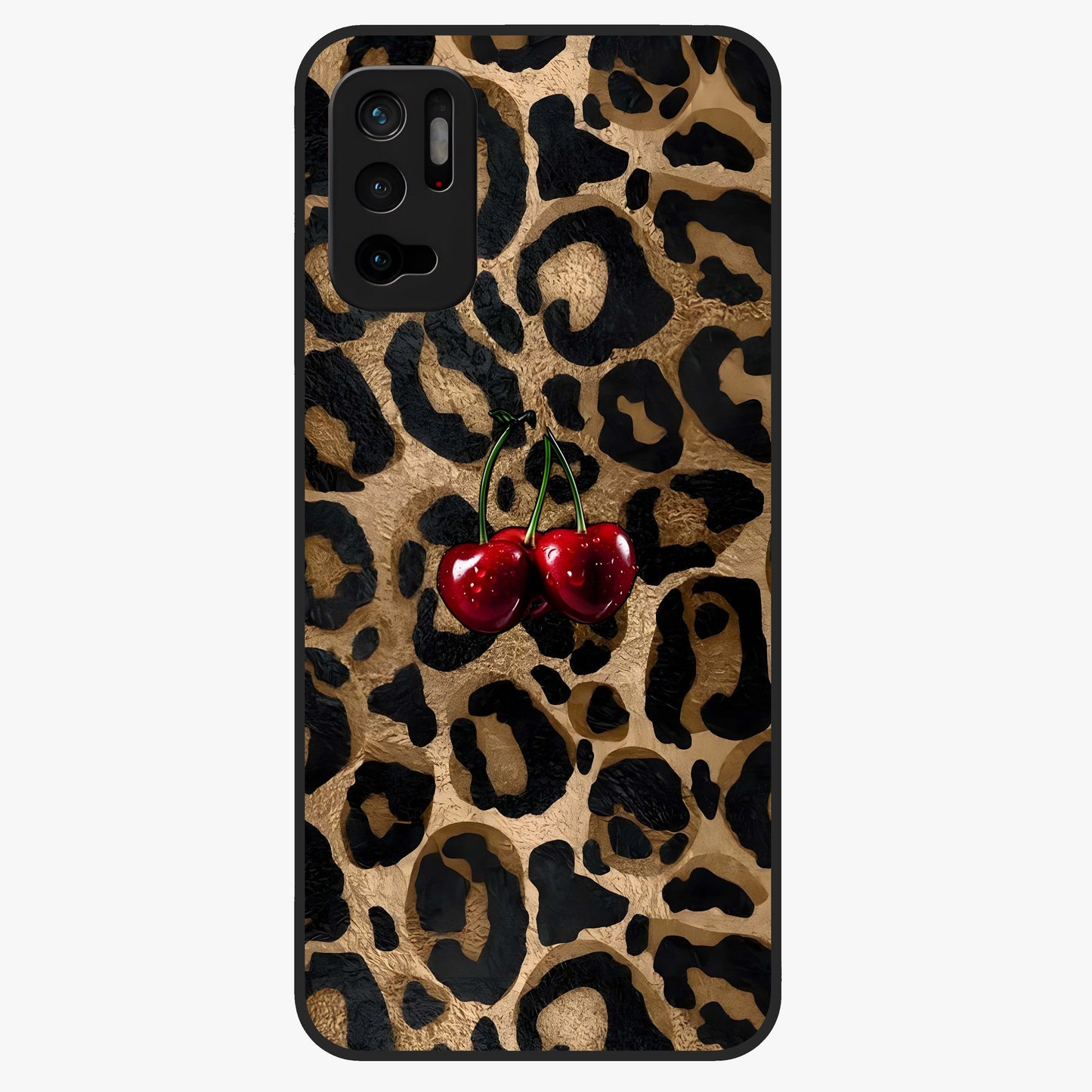 Leopard Wild Cherry Glass Case showing flat back view with leopard pattern and cherry artwork and glossy glass finish.