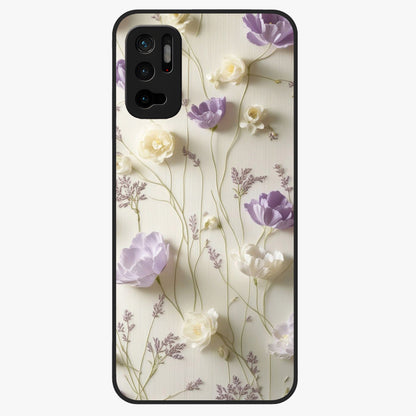Lilac Breeze Harmony Glass Case showing flat back view with soft lilac themed artwork and glossy glass finish.