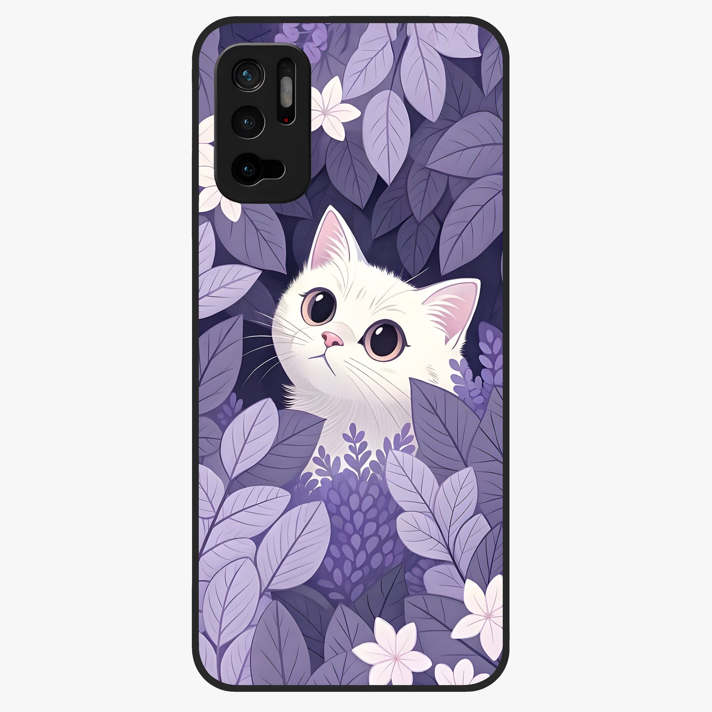 Lilac Hide Peek Cat Glass Case showing flat back view with cute peeking cat artwork and glossy glass finish.