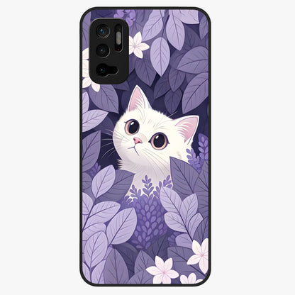 Lilac Hide Peek Cat Glass Case showing flat back view with cute peeking cat artwork and glossy glass finish.
