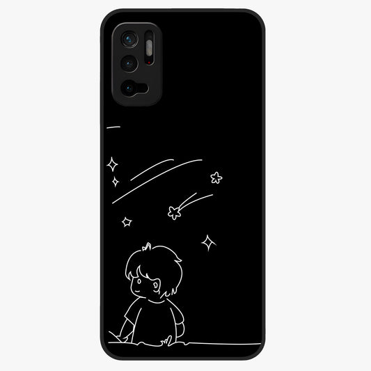 Line Art Boy With Shooting Stars Glass Case showing flat back view with minimal line art boy and shooting stars illustration and glossy glass finish.