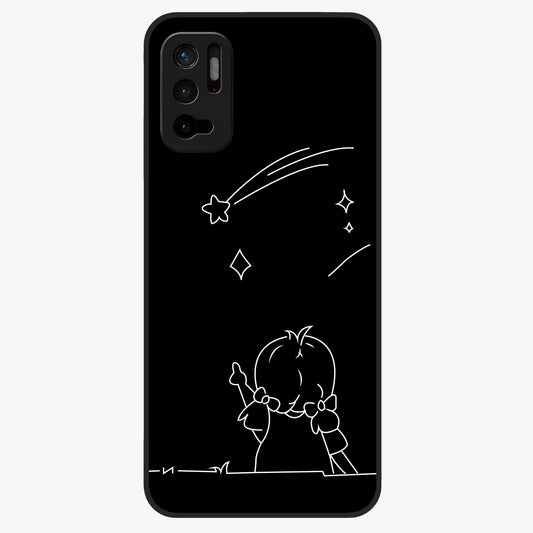 Line Art Girl With Shooting Stars Glass Case showing flat back view with minimal line art girl and shooting stars illustration and glossy glass finish.