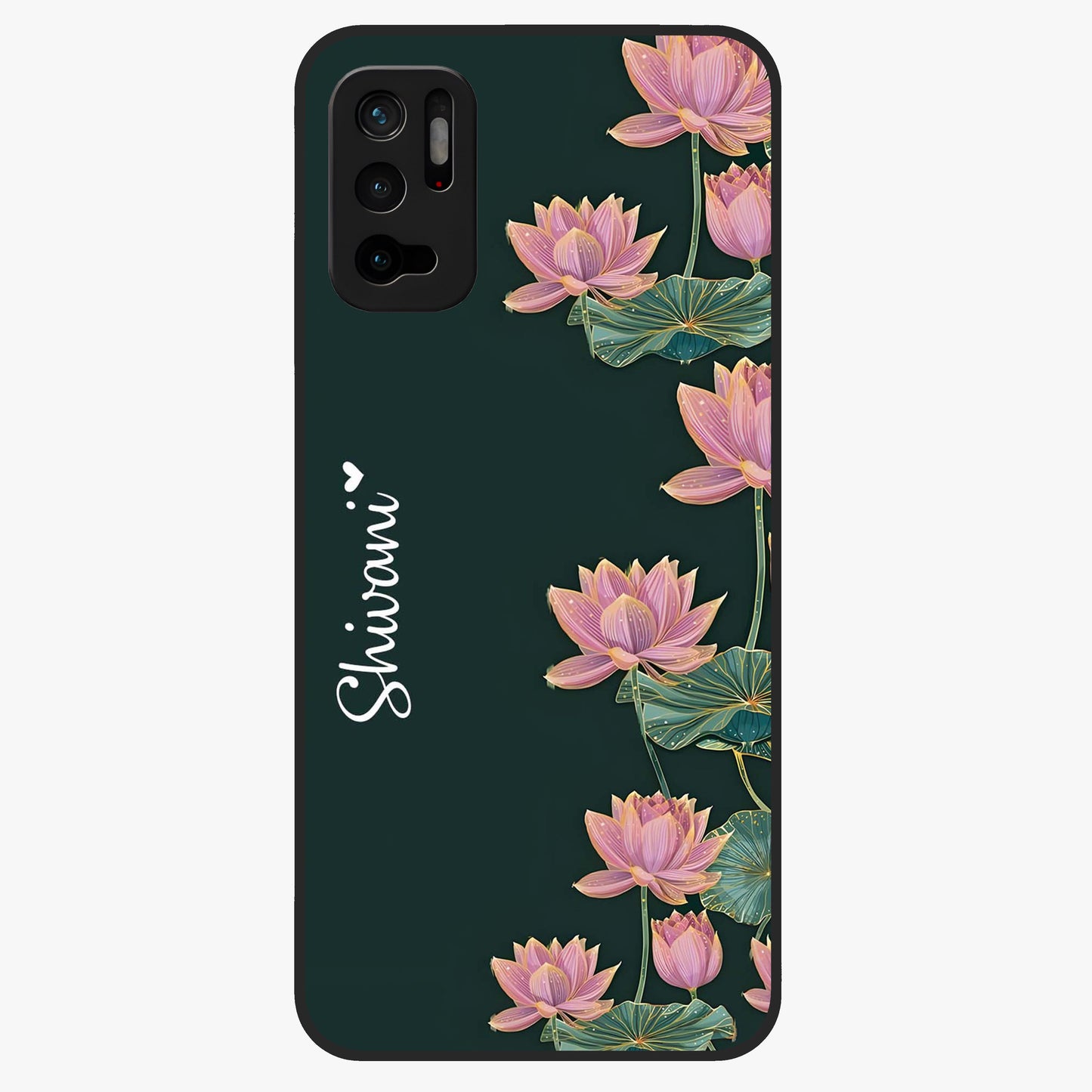Lotus Bloom Serenity Custom Name Glass Case showing flat back view with elegant lotus flower artwork and personalized name design.