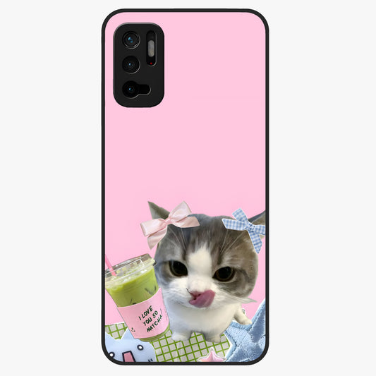 Love Matcha Cat Glass Case showing flat back view with cute cat and matcha themed artwork and glossy glass finish.
