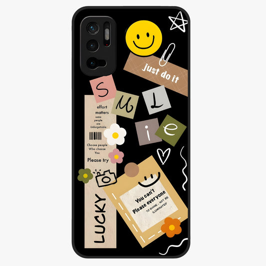 Lucky Aesthetic Collage Glass Case showing flat back view with trendy aesthetic collage artwork and glossy glass finish.