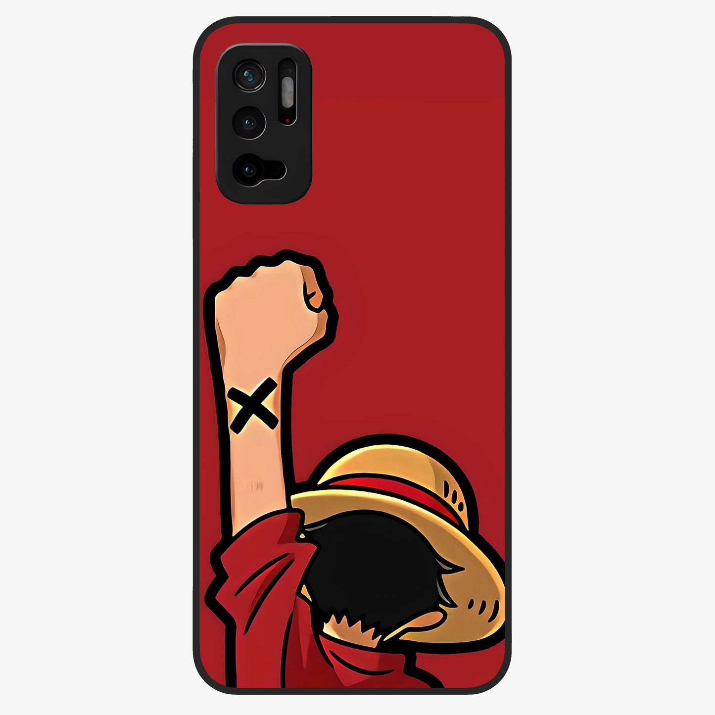 Luffy X Spirit Glass Case showing flat back view with bold anime character artwork and glossy glass finish.