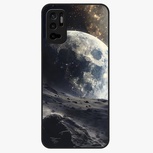 Lunar Horizon Glow Glass Case showing flat back view with glowing moon horizon artwork and glossy glass finish.