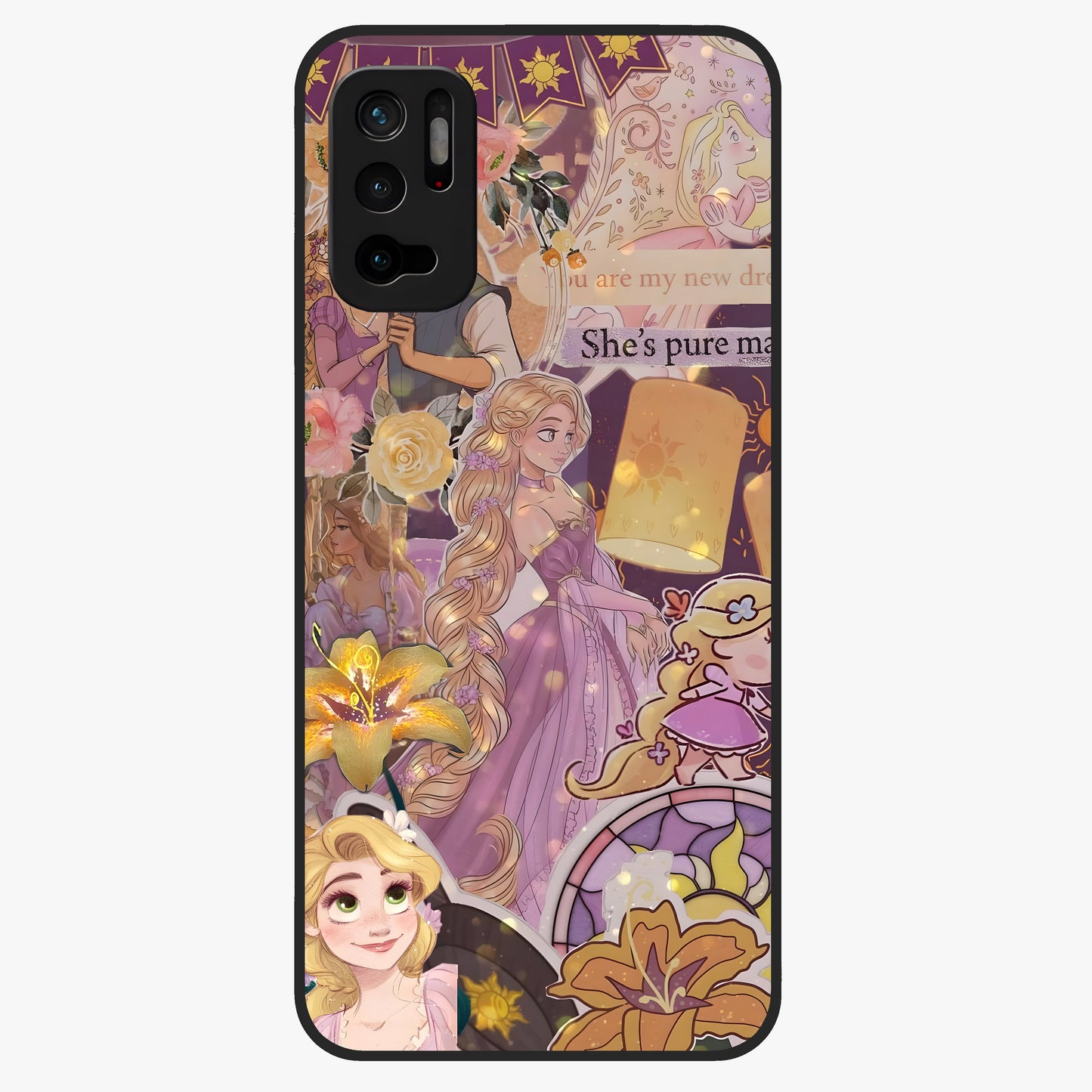 Magical Tangled Dream Glass Case showing flat back view with dreamy tangled artwork and glossy glass finish.