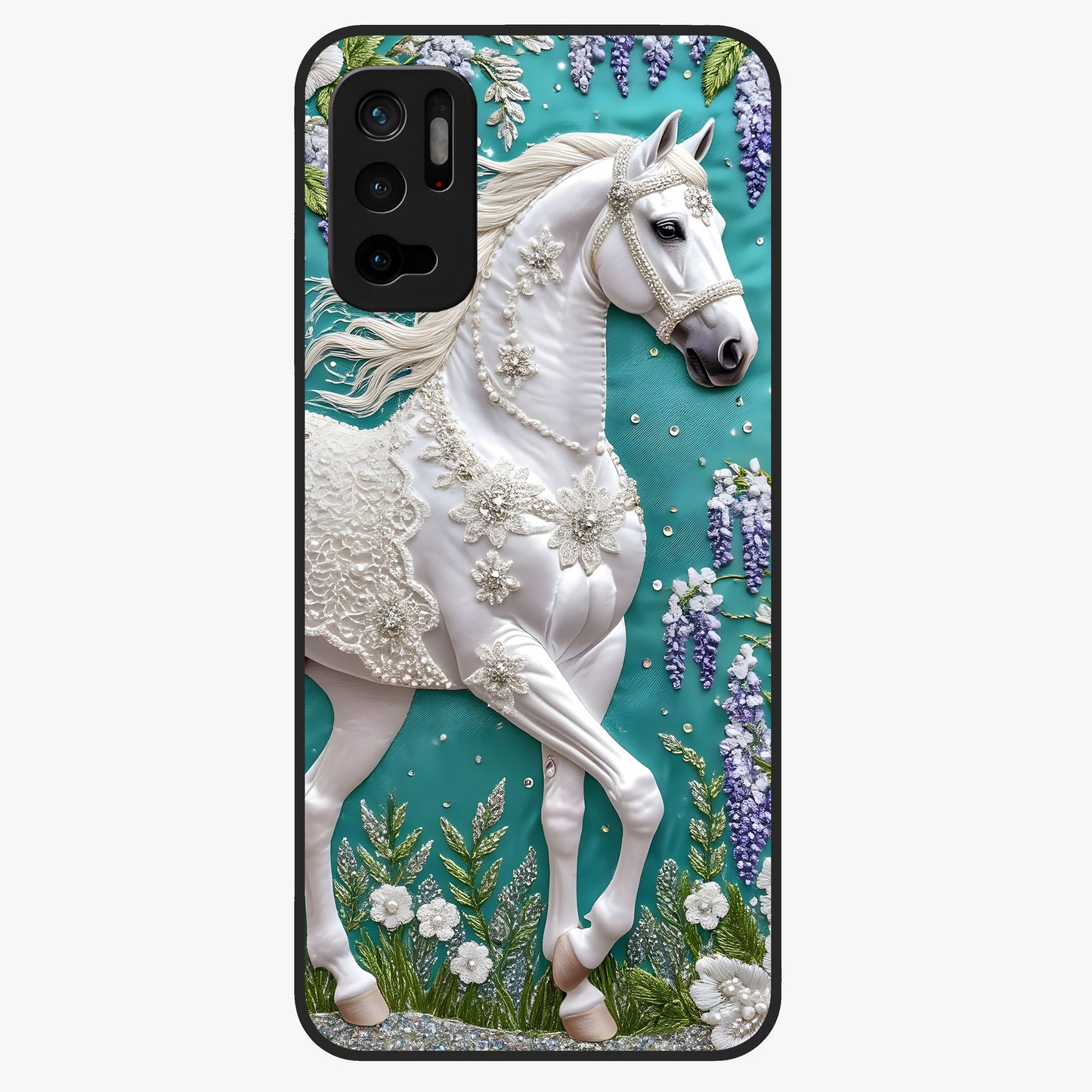 Majestic Floral Stallion Glass Case showing flat back view with powerful horse and floral artwork and glossy glass finish.