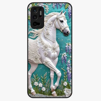 Majestic Floral Stallion Glass Case showing flat back view with powerful horse and floral artwork and glossy glass finish.