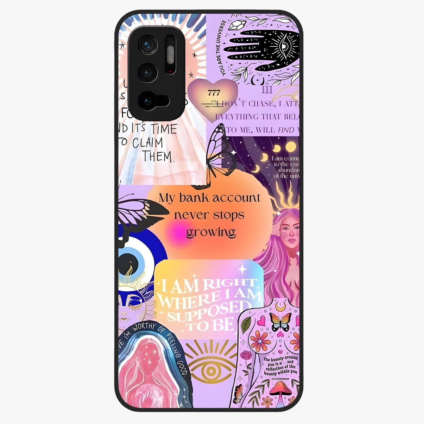 Manifestation Collage Glass Case showing flat back view with motivational collage artwork and glossy glass finish.