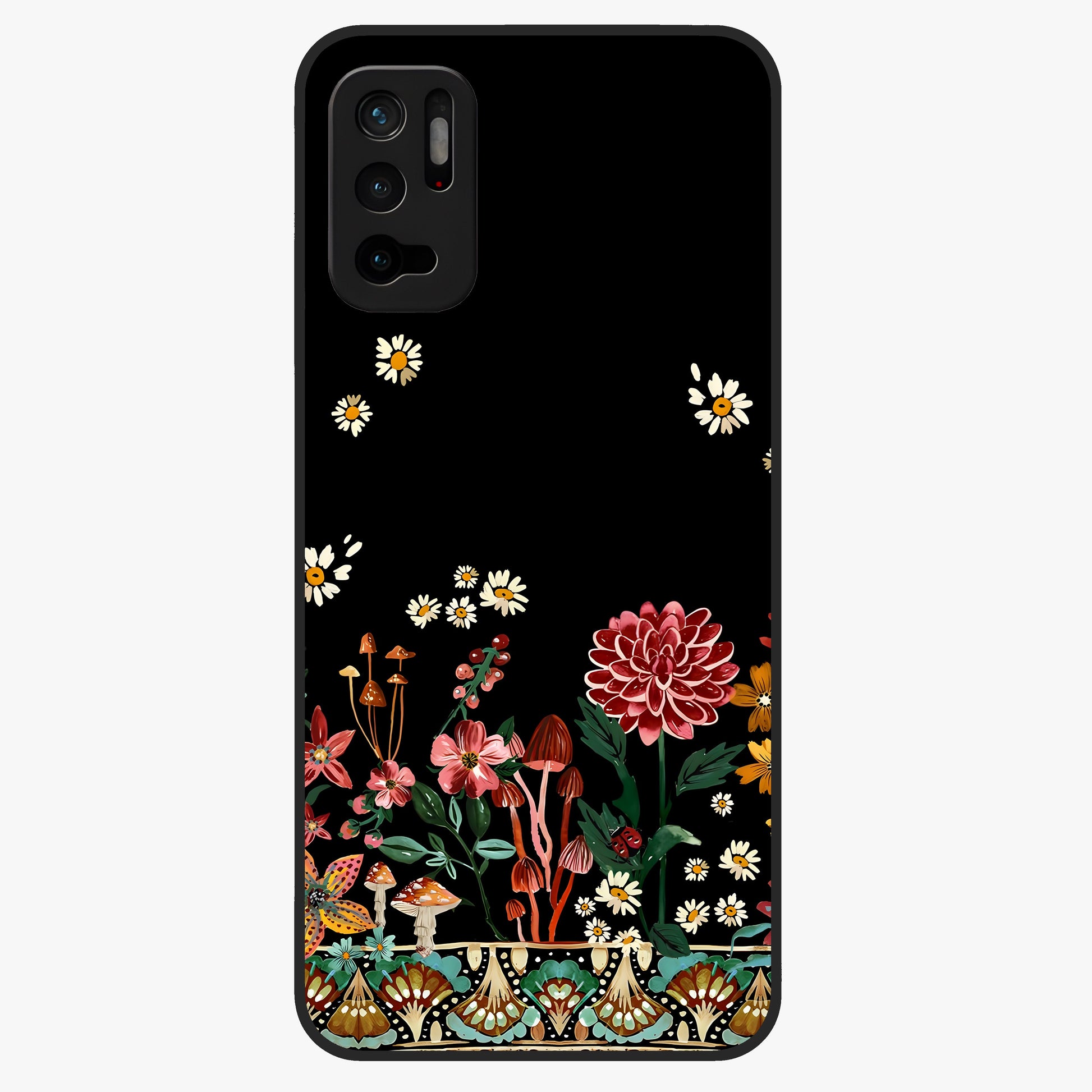 Midnight Bloom Pattern Glass Case showing flat back view with dark floral pattern artwork and glossy glass finish.