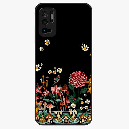 Midnight Bloom Pattern Glass Case showing flat back view with dark floral pattern artwork and glossy glass finish.