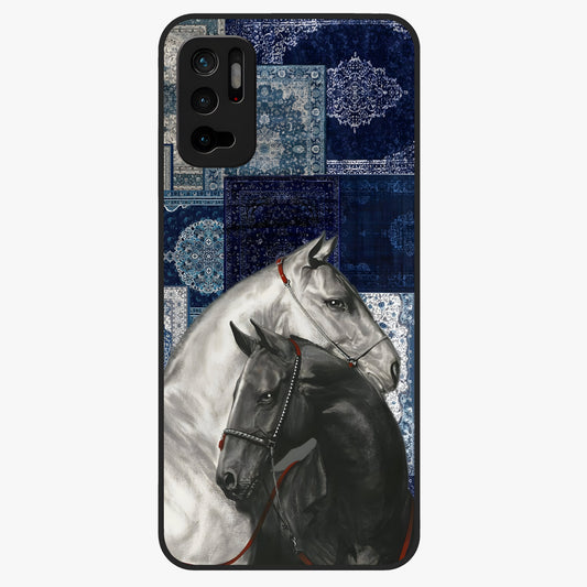Midnight Stallion Blues Glass Case showing flat back view with majestic horse artwork and glossy glass finish.