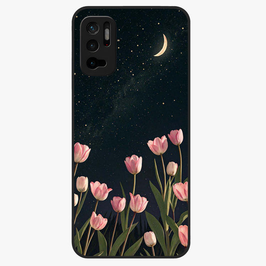 Midnight Tulip Whispers Vibe Glass Case showing flat back view with elegant tulip flower artwork and glossy glass finish.
