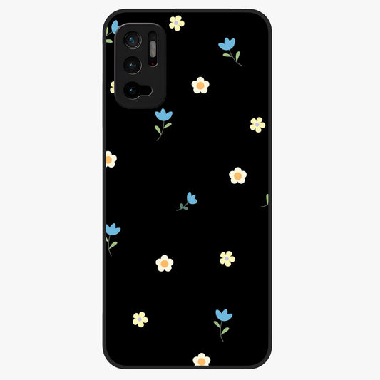 Minimalistic Blue With White Flower Pattern Glass Case showing flat back view with blue background and white flower pattern and glossy glass finish.