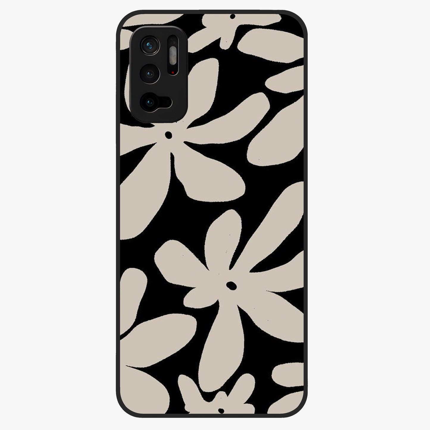 Monochrome Petal Dance Glass Case showing flat back view with monochrome floral artwork and glossy glass finish.