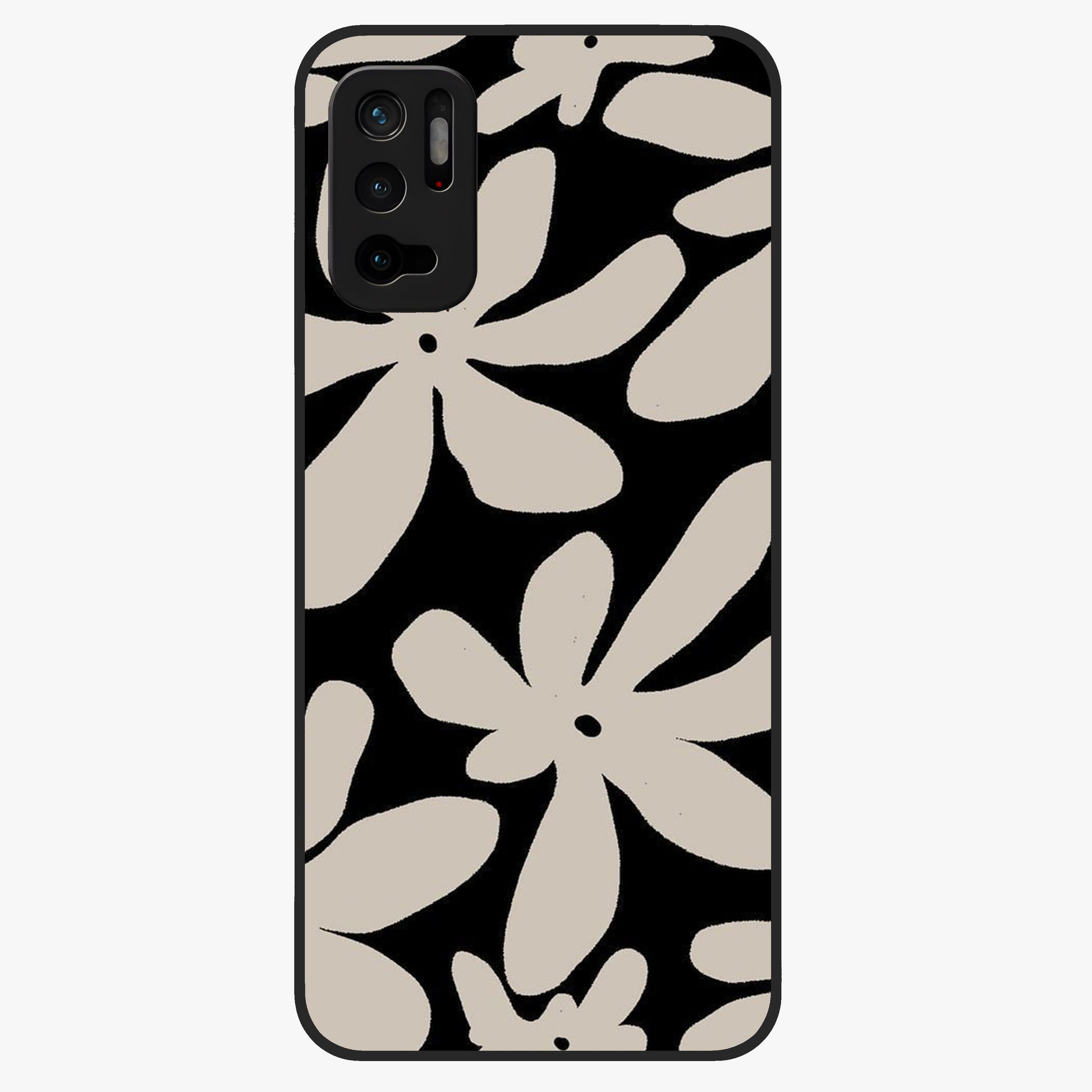 Monochrome Petal Dance Glass Case showing flat back view with monochrome floral artwork and glossy glass finish.