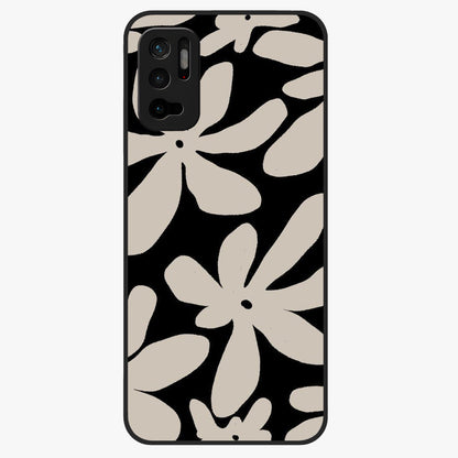 Monochrome Petal Dance Glass Case showing flat back view with monochrome floral artwork and glossy glass finish.