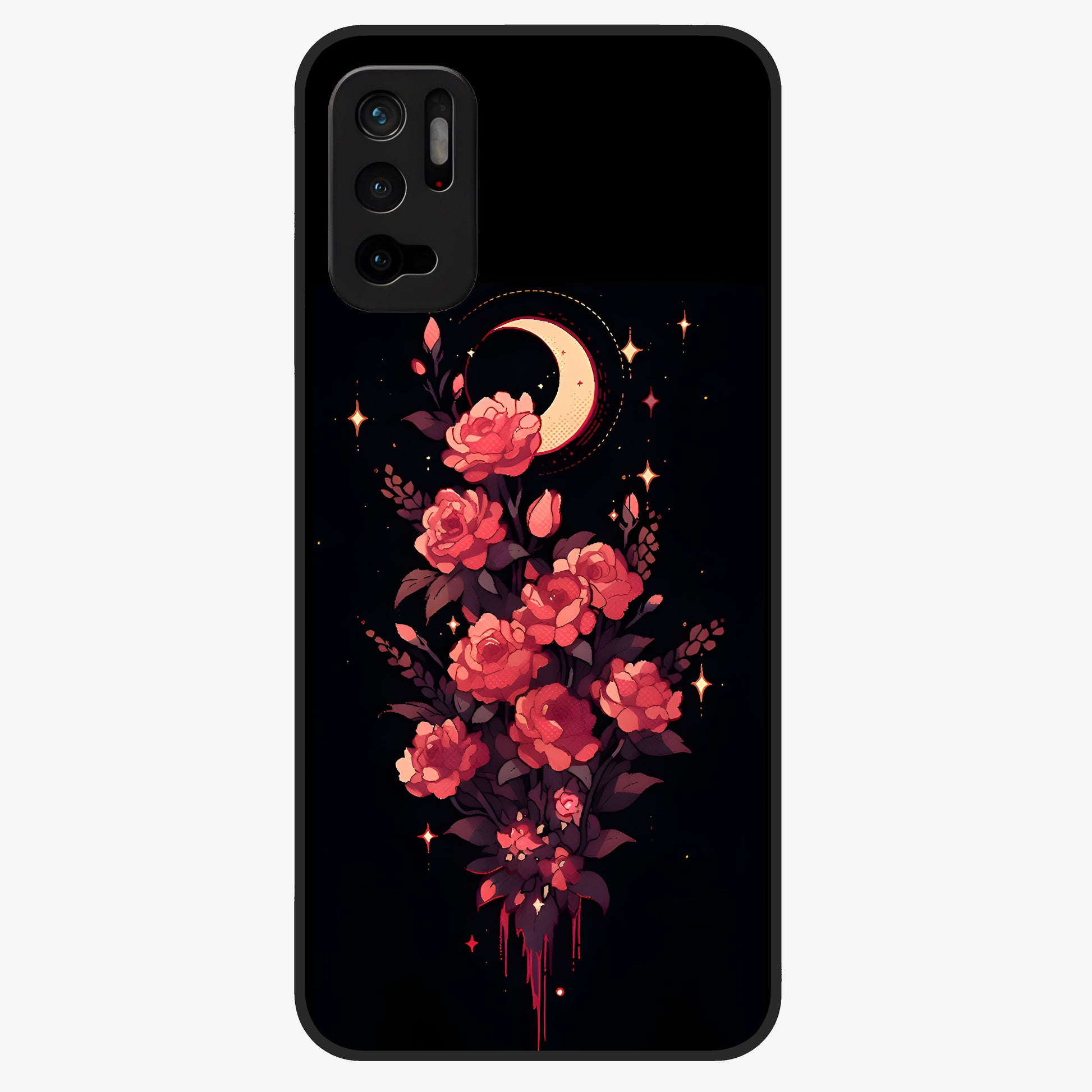 Moonlit Floral Elegance Glass Case showing flat back view with elegant floral artwork under moonlit tones and glossy glass finish.
