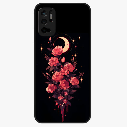 Moonlit Floral Elegance Glass Case showing flat back view with elegant floral artwork under moonlit tones and glossy glass finish.