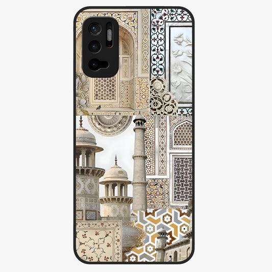 Mughal Marble Legacy Glass Case showing flat back view with intricate Mughal inspired marble pattern and glossy glass finish.