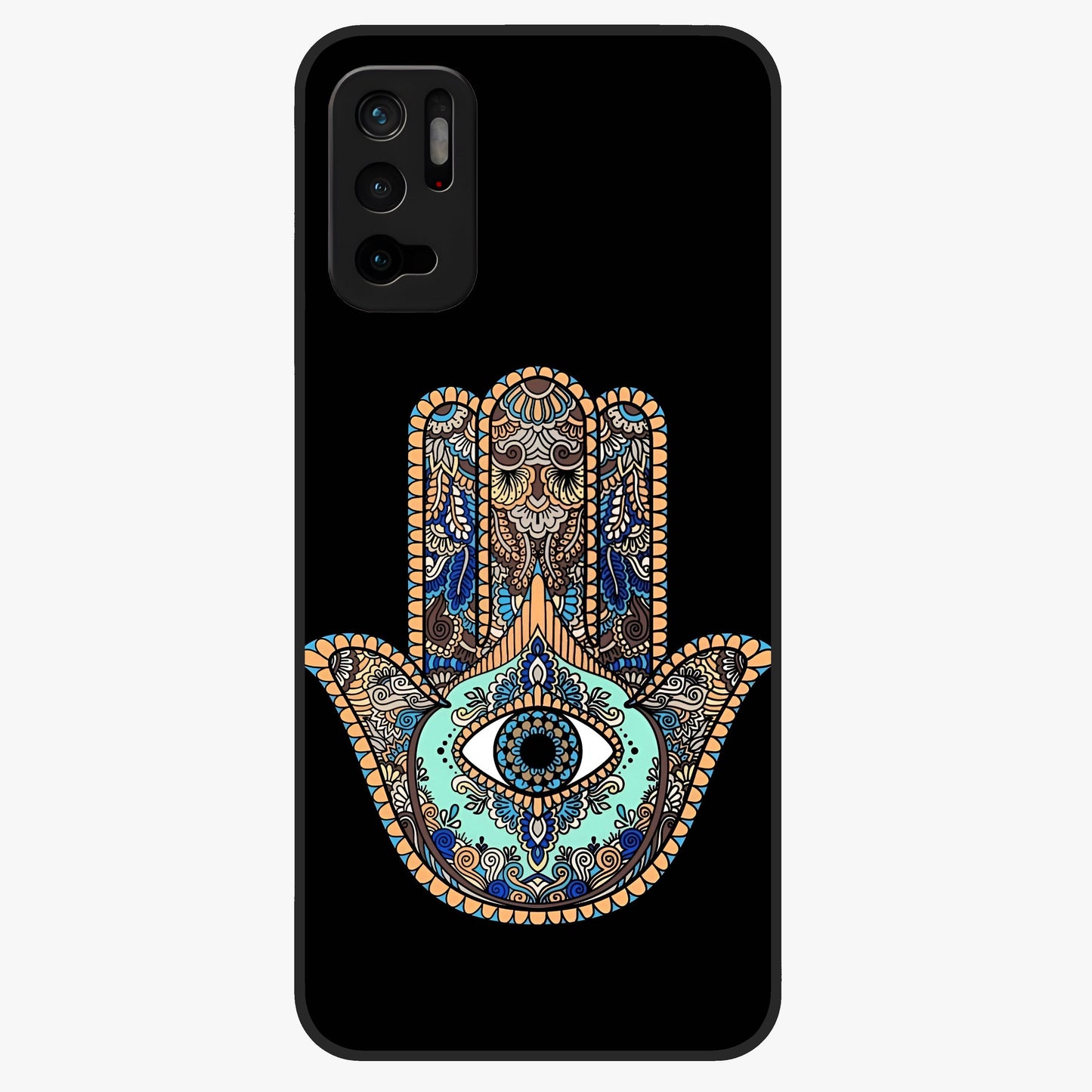 Mystic Hamsa Eye Glass Case showing flat back view with protective hamsa hand and evil eye artwork and glossy glass finish.