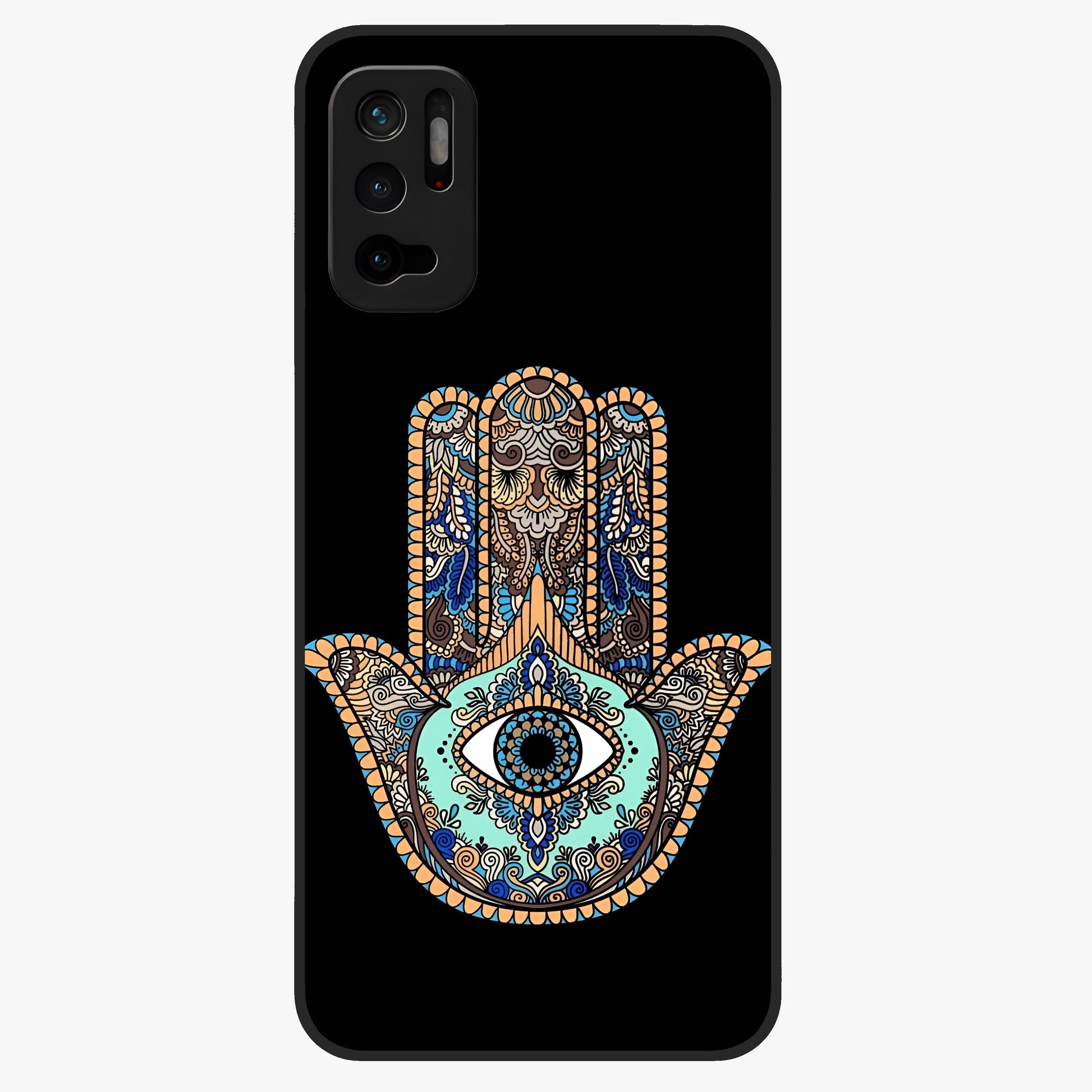 Mystic Hamsa Eye Glass Case showing flat back view with protective hamsa hand and evil eye artwork and glossy glass finish.