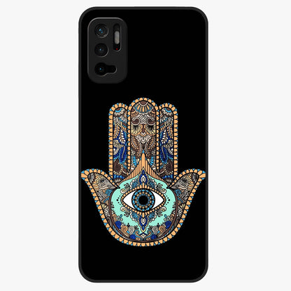 Mystic Hamsa Eye Glass Case showing flat back view with protective hamsa hand and evil eye artwork and glossy glass finish.