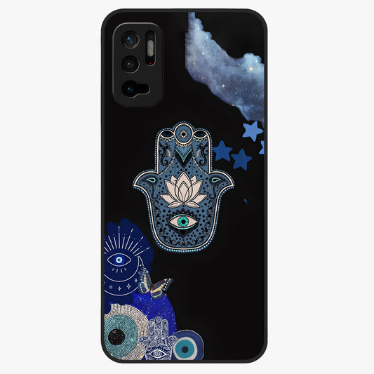 Mystic Hand Aura Glass Case showing flat back view with mystical hand symbol artwork and glossy glass finish.