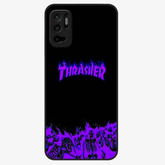 Neon Flame Riot Glass Case showing flat back view with neon flame artwork and glossy glass finish.