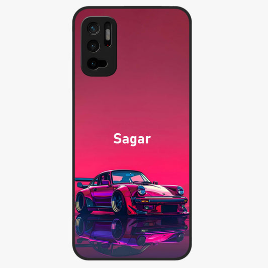 Neon Pink Porsche Glass Case showing flat back view with stylish sports car artwork and glossy glass finish.