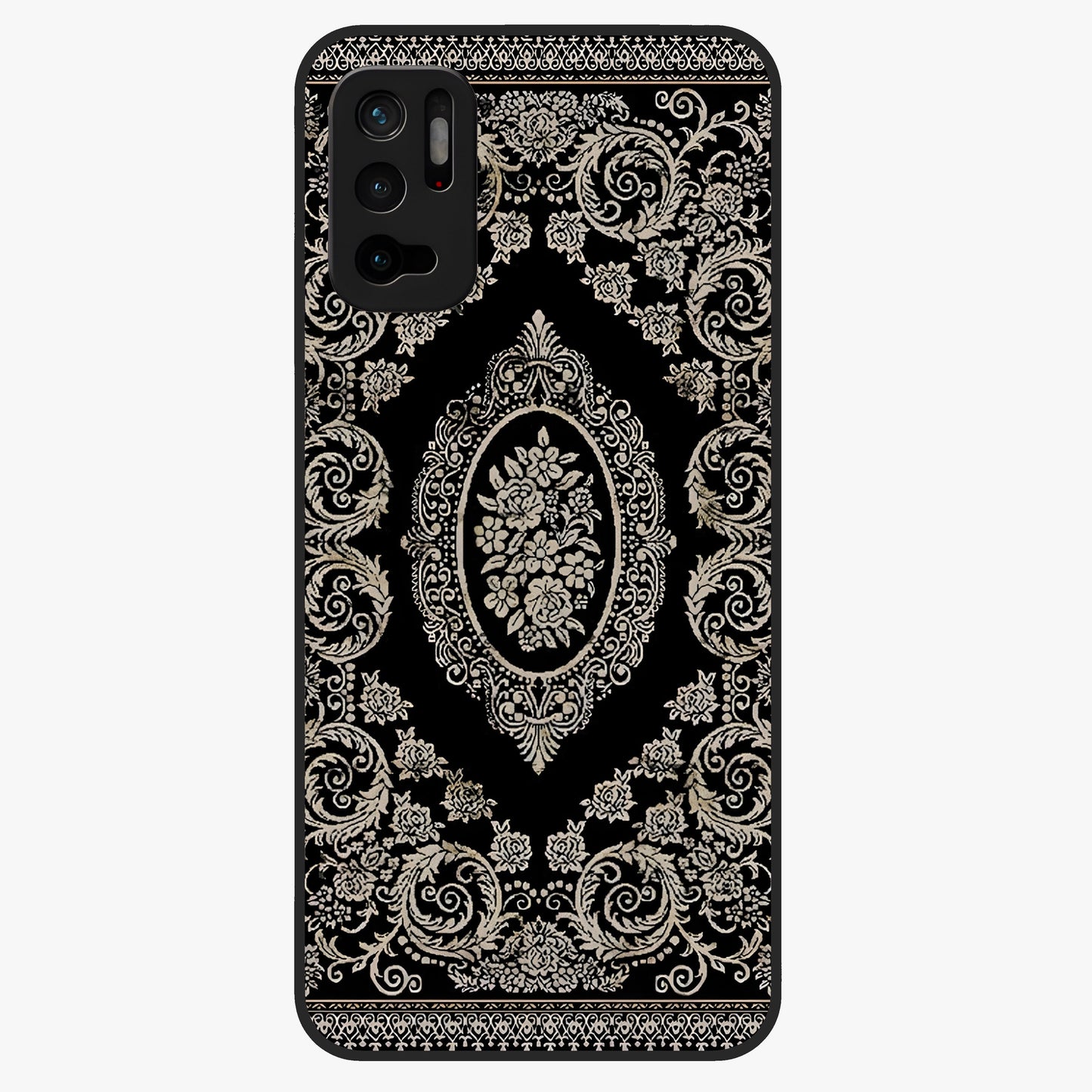 Noir Bloom Elegance Glass Case showing flat back view with elegant dark floral artwork and glossy glass finish.