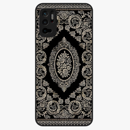 Noir Bloom Elegance Glass Case showing flat back view with elegant dark floral artwork and glossy glass finish.