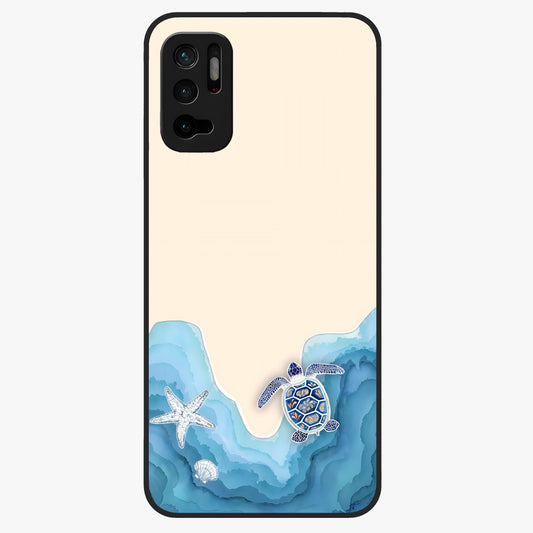 Ocean Drift Turtle Glass Case showing flat back view with sea turtle artwork and glossy glass finish.
