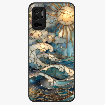 Oceanic Stained Printed Glass Case showing flat back view with ocean inspired stained pattern artwork and glossy glass finish.