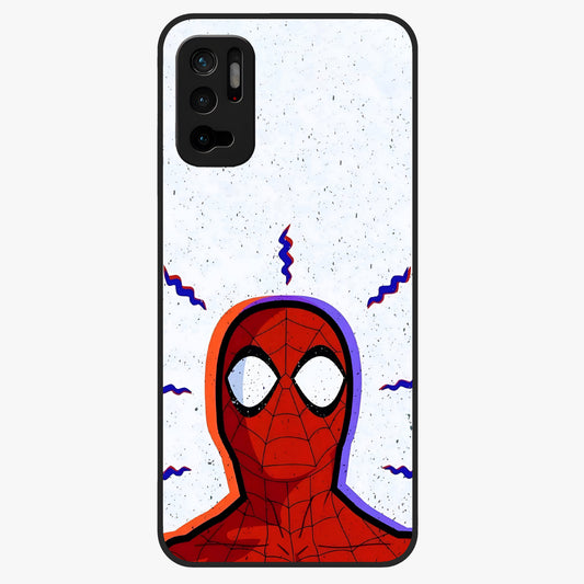 Omg Spiderman Glass Case showing flat back view with bold superhero inspired artwork and glossy glass finish.