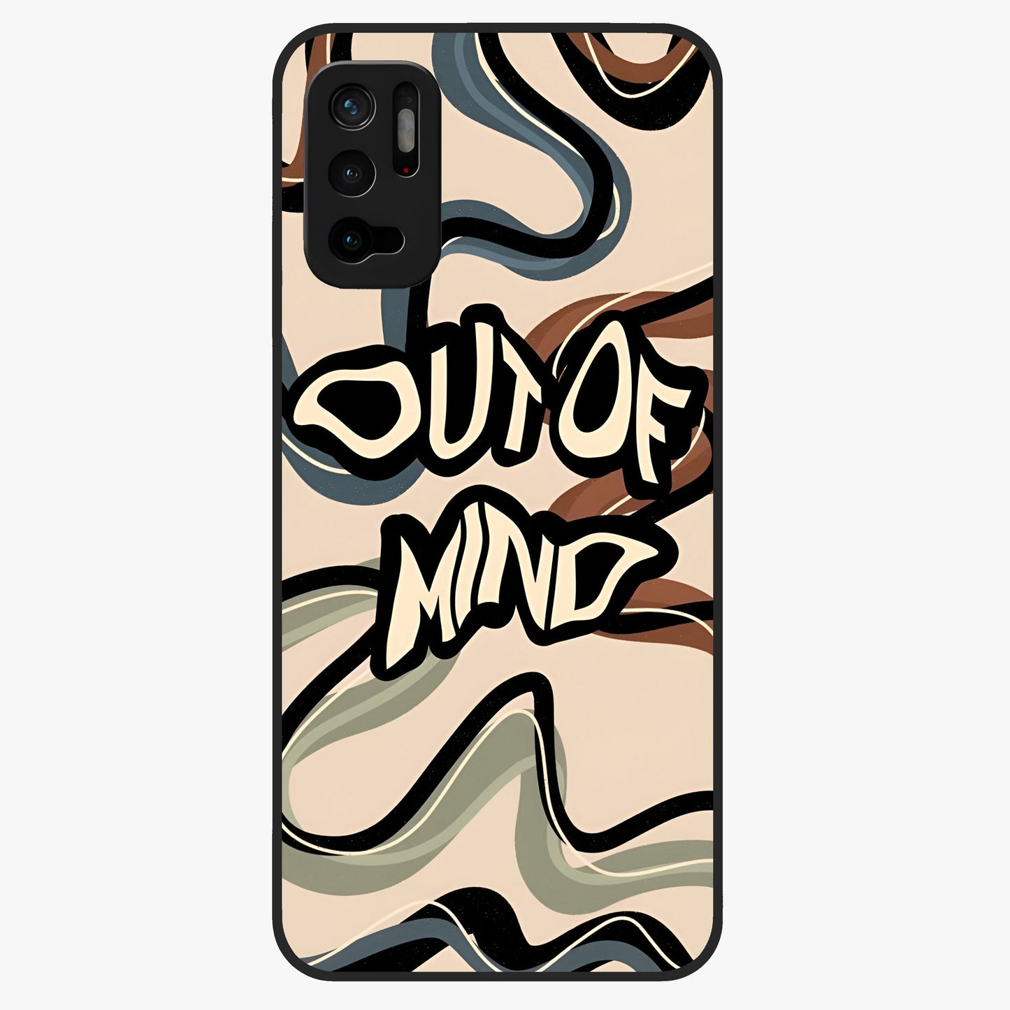 Out Of Mind Glass Case showing flat back view with expressive typography artwork and glossy glass finish.