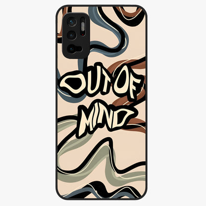 Out Of Mind Glass Case showing flat back view with expressive typography artwork and glossy glass finish.