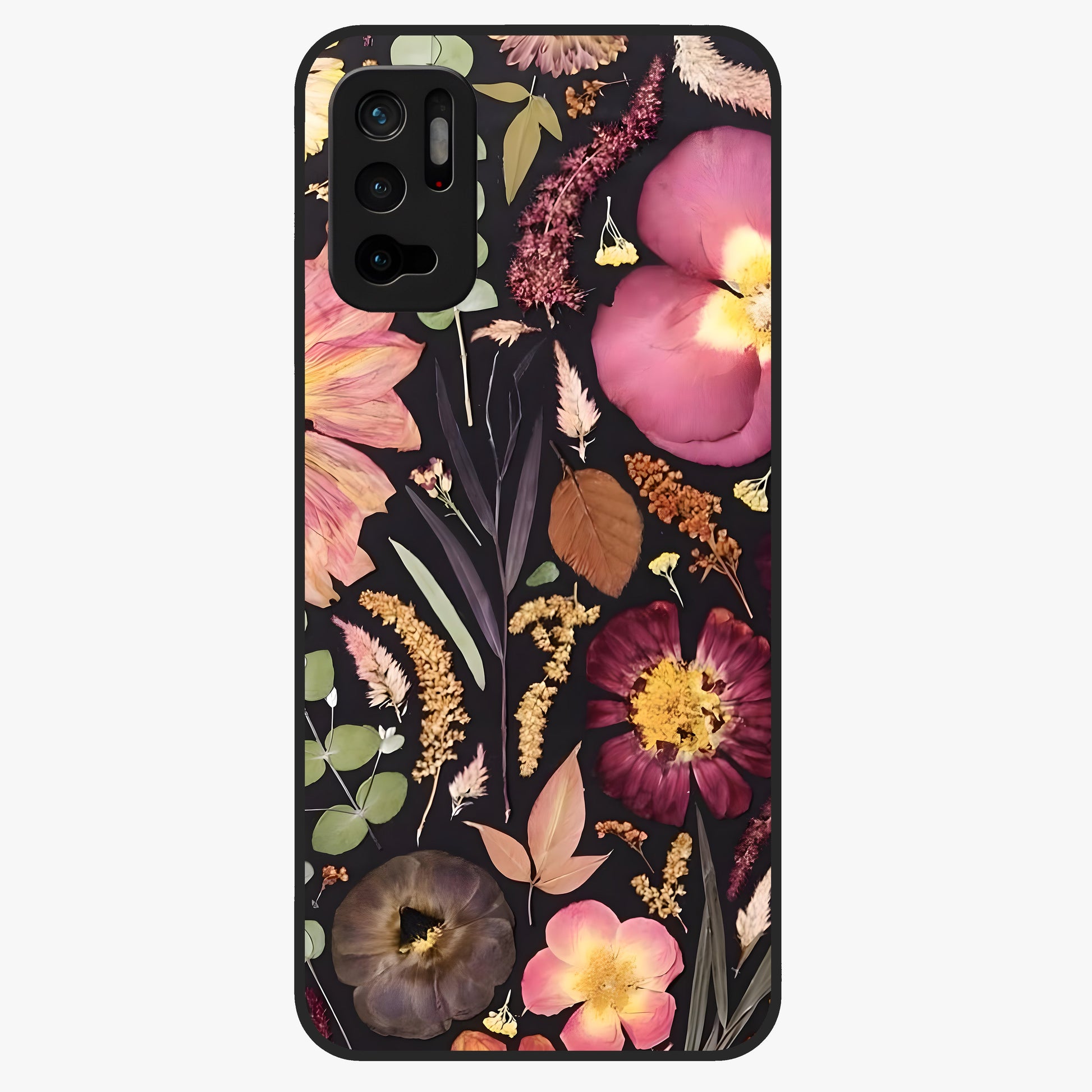 Petal Dream Tapestry Glass Case showing flat back view with intricate floral tapestry artwork and glossy glass finish.
