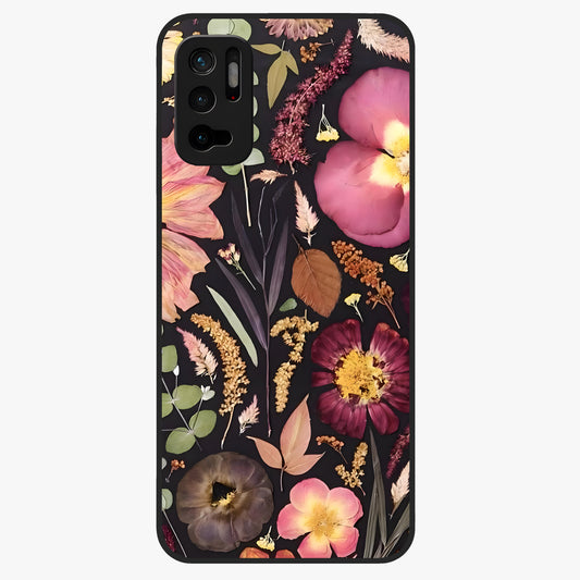 Petal Dream Tapestry Glass Case showing flat back view with intricate floral tapestry artwork and glossy glass finish.