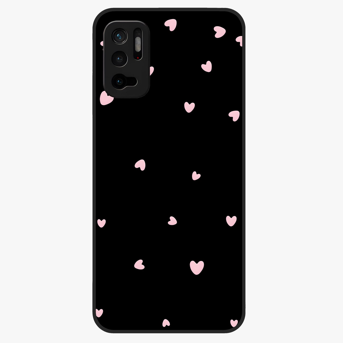 Pink Love Drops Glass Case showing flat back view with playful pink heart drops artwork and glossy glass finish.